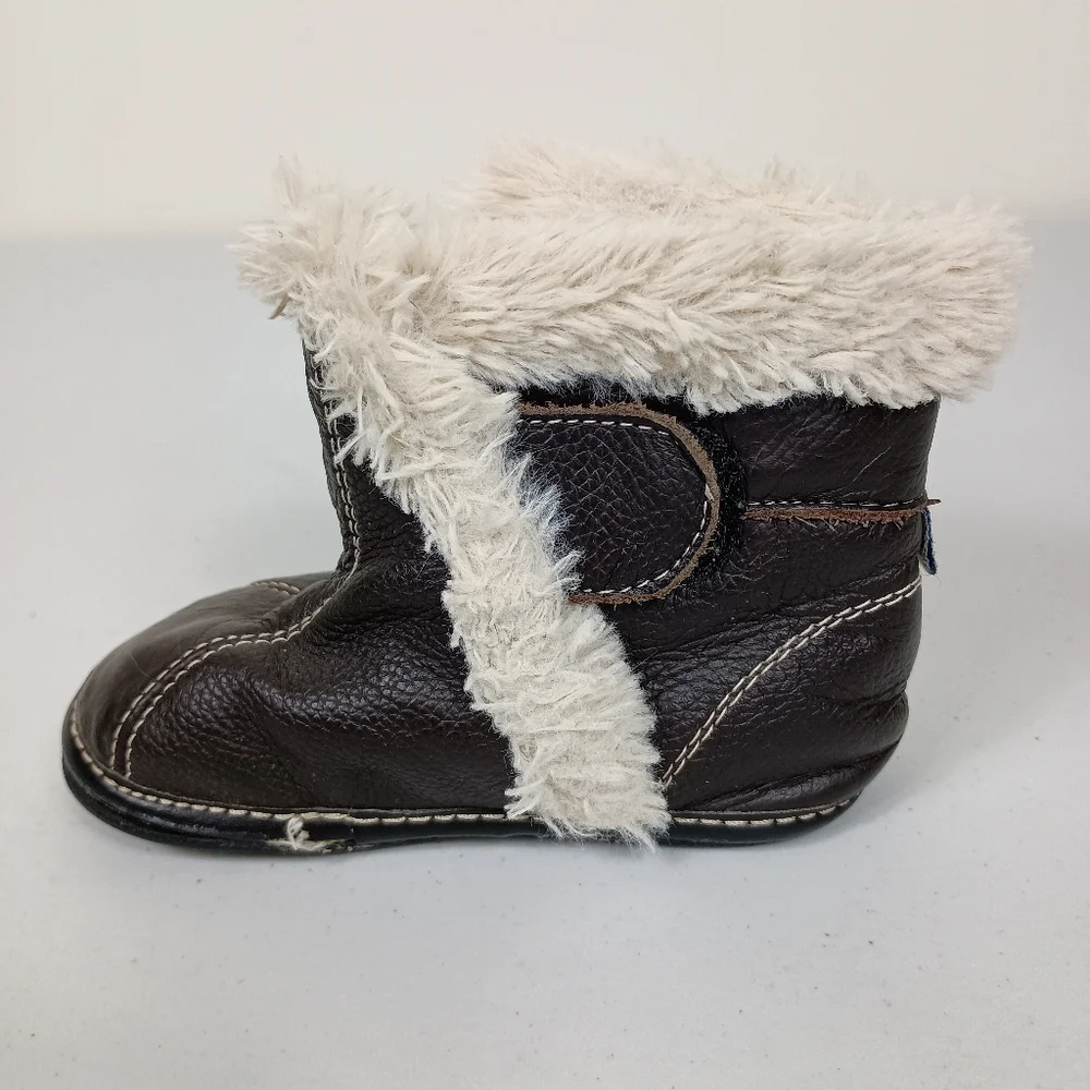 Jack Lilly Leather Moccasin Boots 18-24M Brown Sherpa Slip On Hook Loop Closure